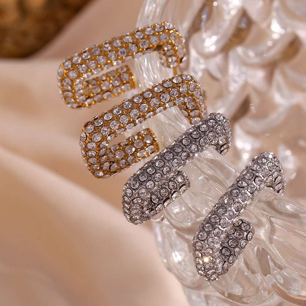 Minimalist Geometric Stainless Steel Ear Studs with 18K Gold Plating and Micro-Pave Zirconia Rectangular Design