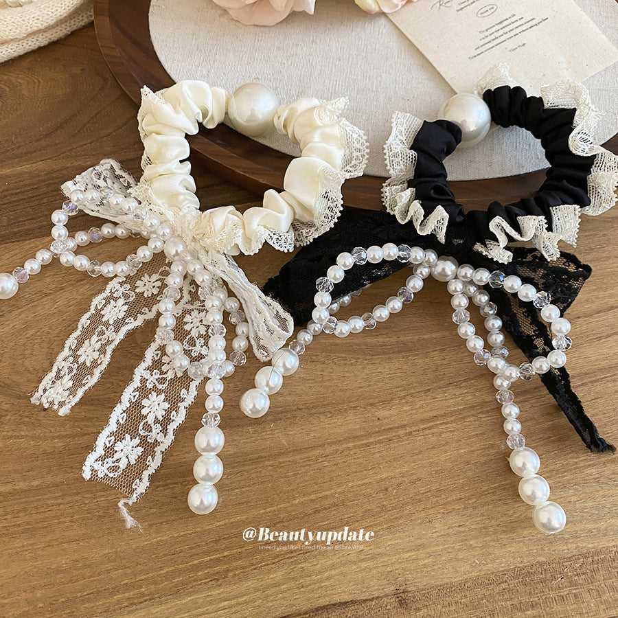 Elegante lazo para el cabello de tela con perlas de imitación para mujer, cierre magnético, hecho a mano, versátil sujetador de cola de caballo con tacto de lujo