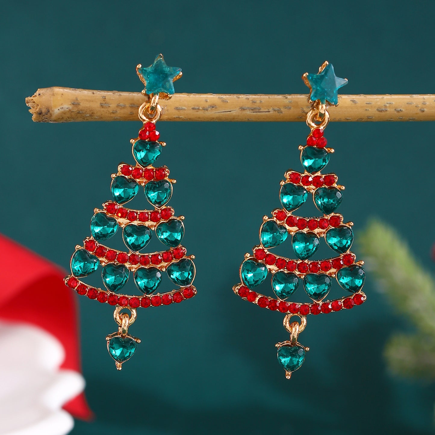 Pendientes de botón minimalistas de árbol de Navidad para mujer con incrustaciones de diamantes de imitación en aleación bañada en oro
