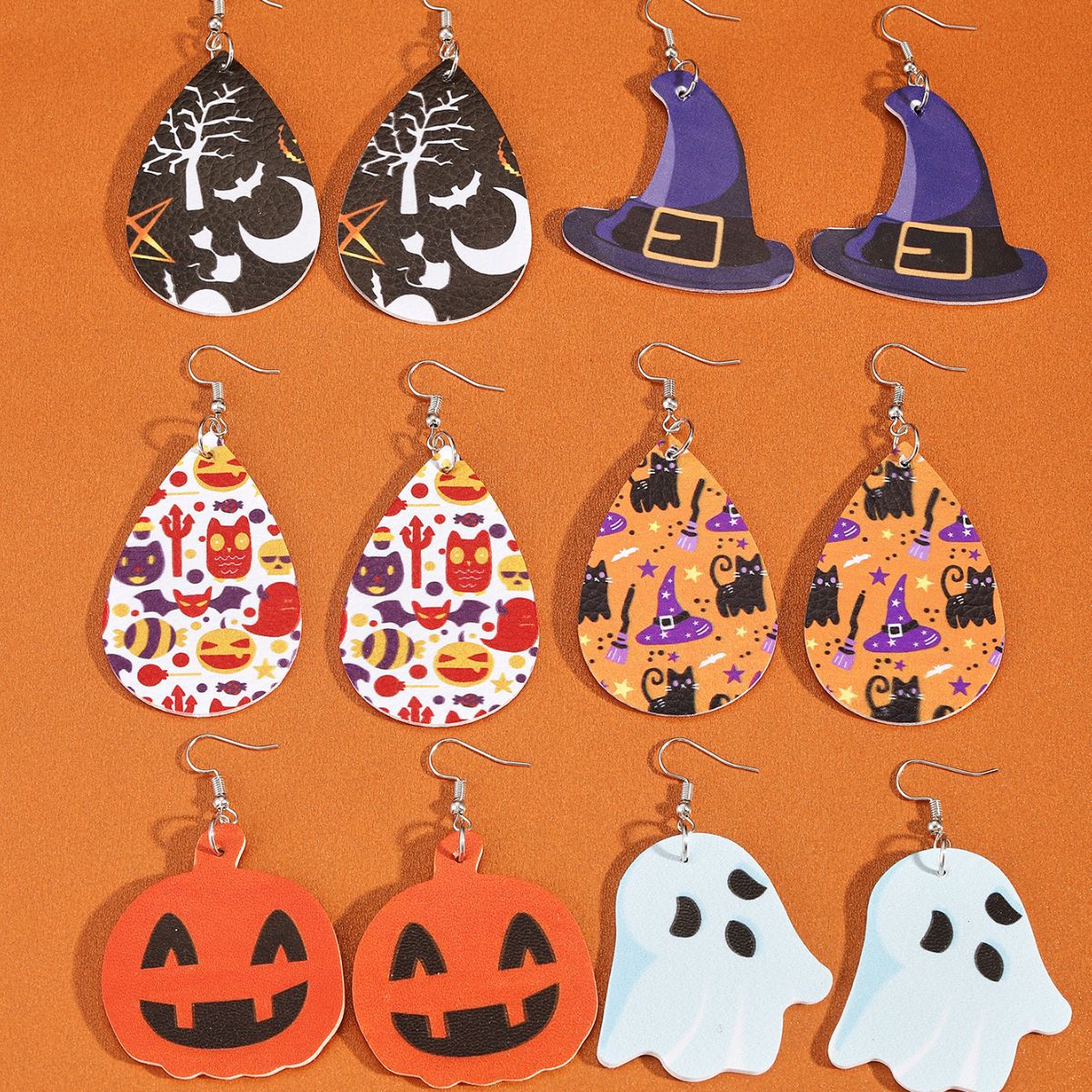 Pendientes de cuero con forma de fantasma y calabaza de Halloween con orejas de gato para mujer, joyería de disfraz festivo