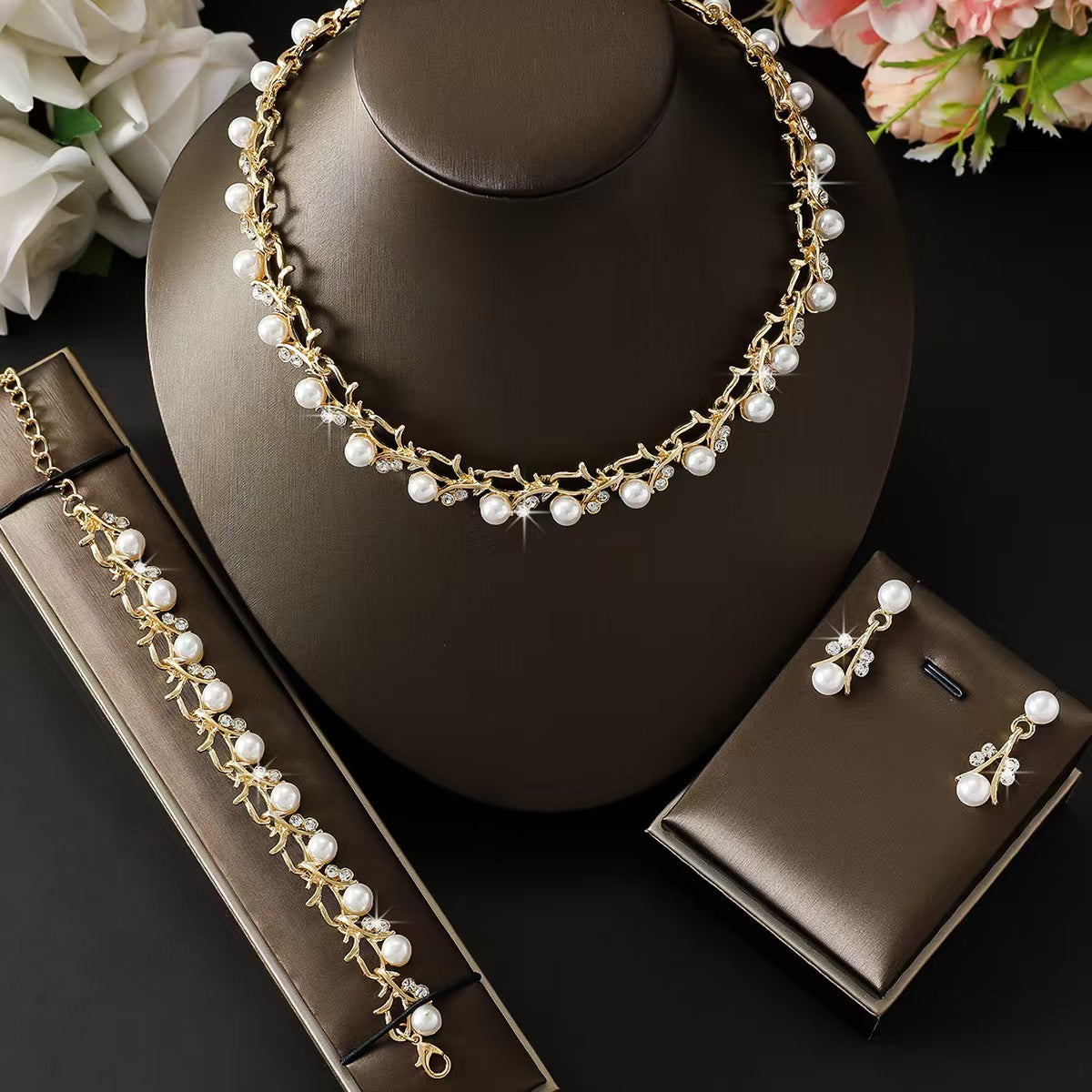 Chanel-Inspired Floral Pearl Necklace Set for Women with Rhinestone Inlay, Wavy Chain, and Matching Earrings and Bracelet
