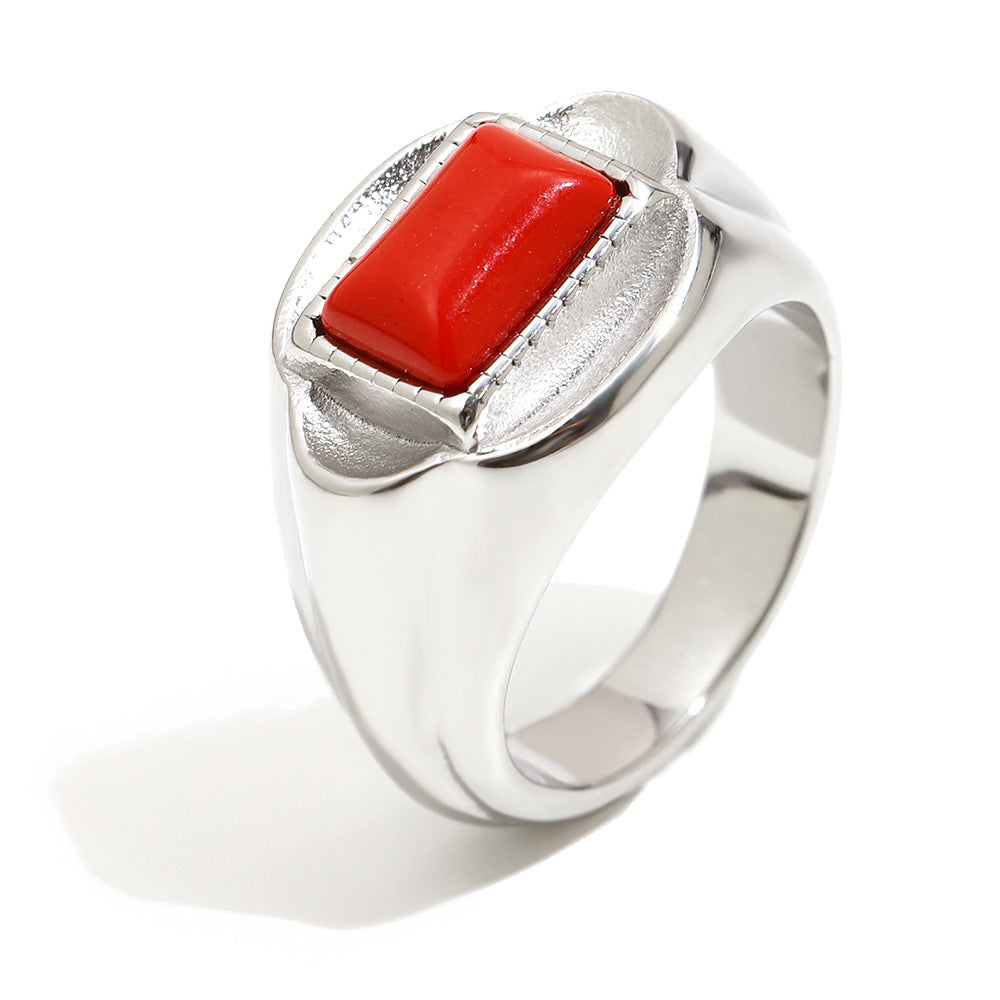 Anello da Donna in Acciaio Inossidabile con Placcatura Oro 18K, Pietra Rossa, Stile Geometrico Vintage, Accessorio di Lusso alla Moda