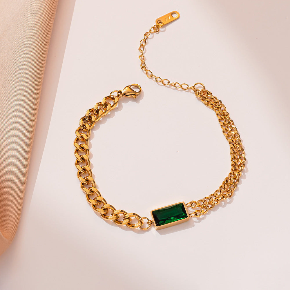 Geometric Square Green Rhinestone Titanium Steel Bracelet for Women with Plating Finish Fashionable Minimalist Hand Jewelry