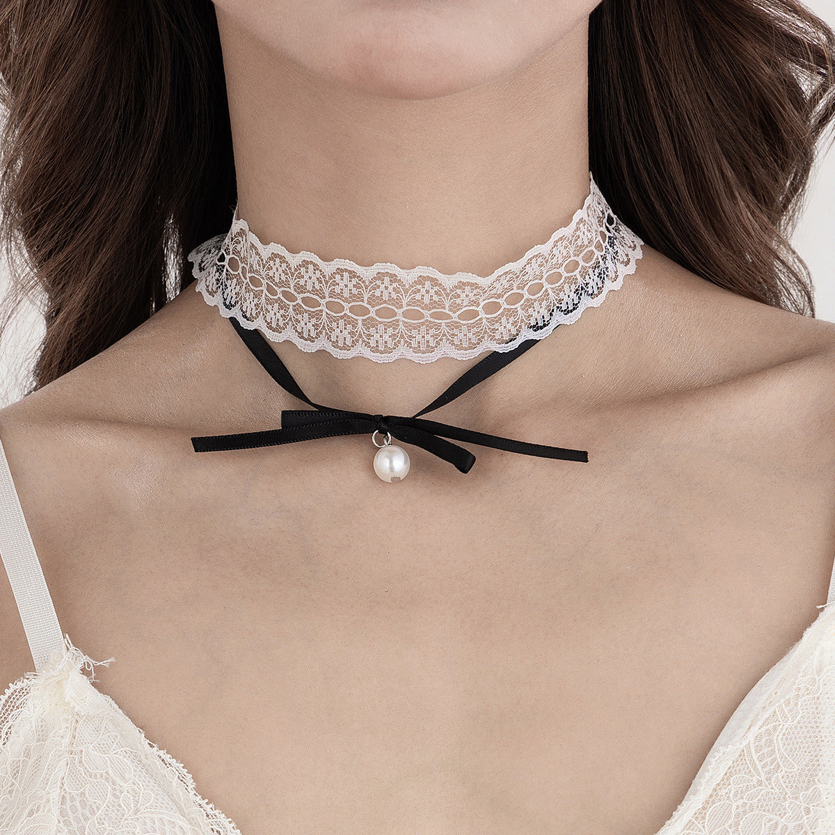 Collana girocollo da donna a doppio strato in pizzo con fiocco, stile rustico e minimalista