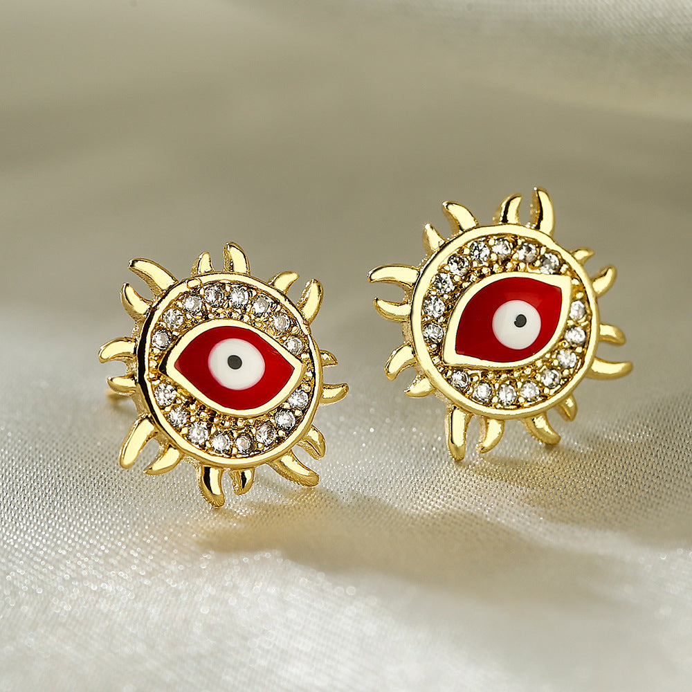 Geometric Demon Eye Earrings for Women with Copper Base Plated in 18K Gold and Enamel Finish, Micro-Paved Zirconia