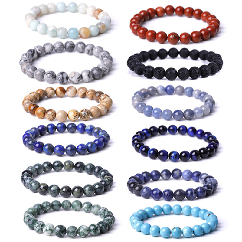 Natural Volcanic Stone and Agate Beaded Bracelet Geometric Round Unisex Fashion Jewelry