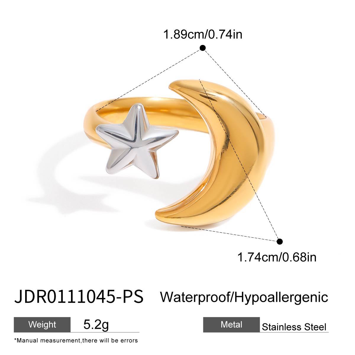 Anillo para mujer chapado en acero inoxidable con diseño geométrico minimalista de estrella y luna