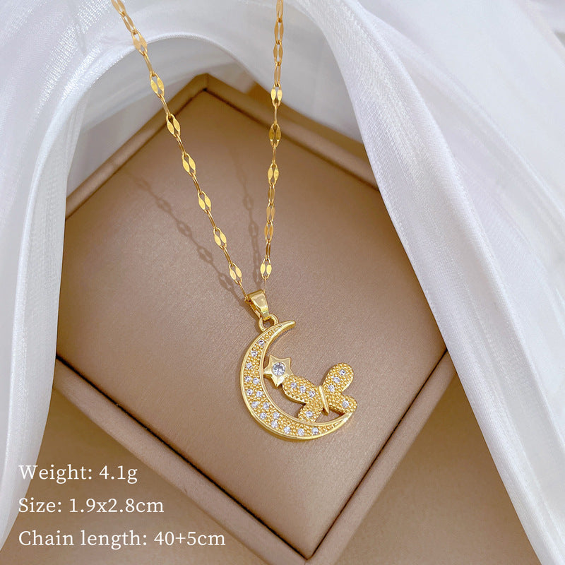Luxury Minimalist Sweet Geometric Rhinestone Pendant Necklace for Women Titanium Steel O-Chain
