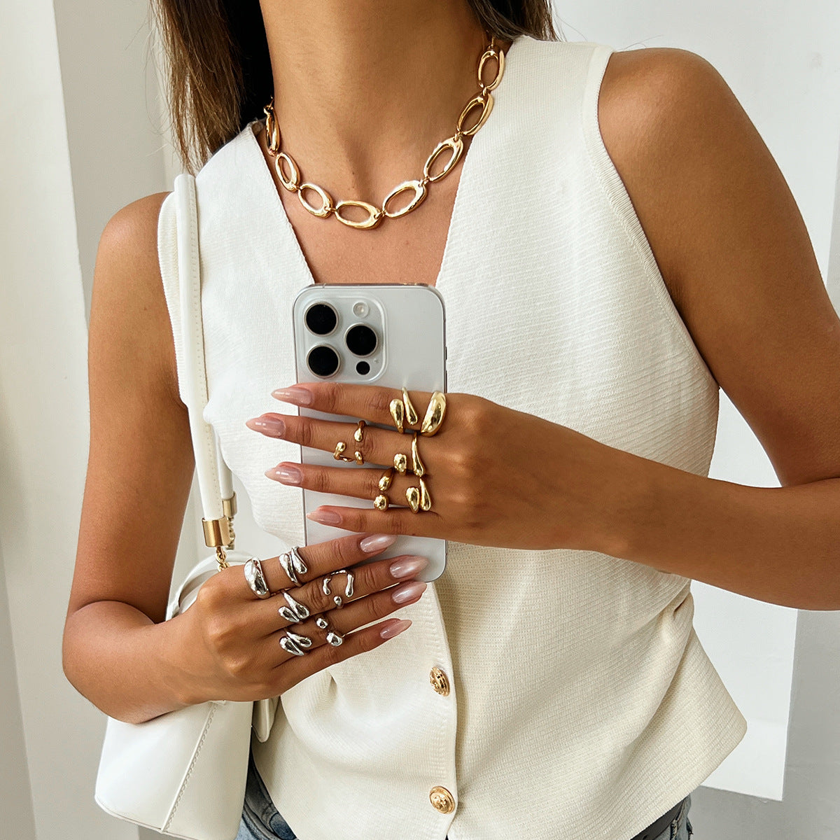 Luxury Elegant Oval Geometric Alloy Plated Necklace and Ring Set for Women