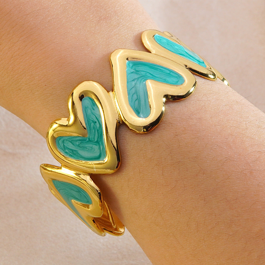 Sweet Heart Drip Oil Enamel Stainless Steel Open Cuff Bracelet