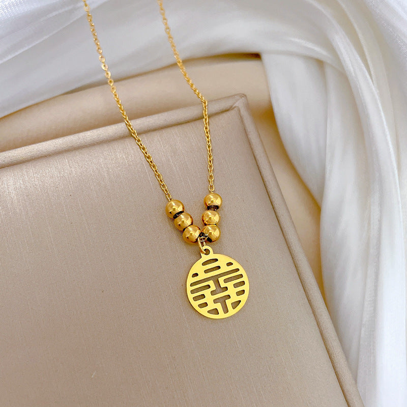 Minimalist Geometric Double Happiness Pendant Necklace in Titanium Steel with Rhinestone Inlay for Women