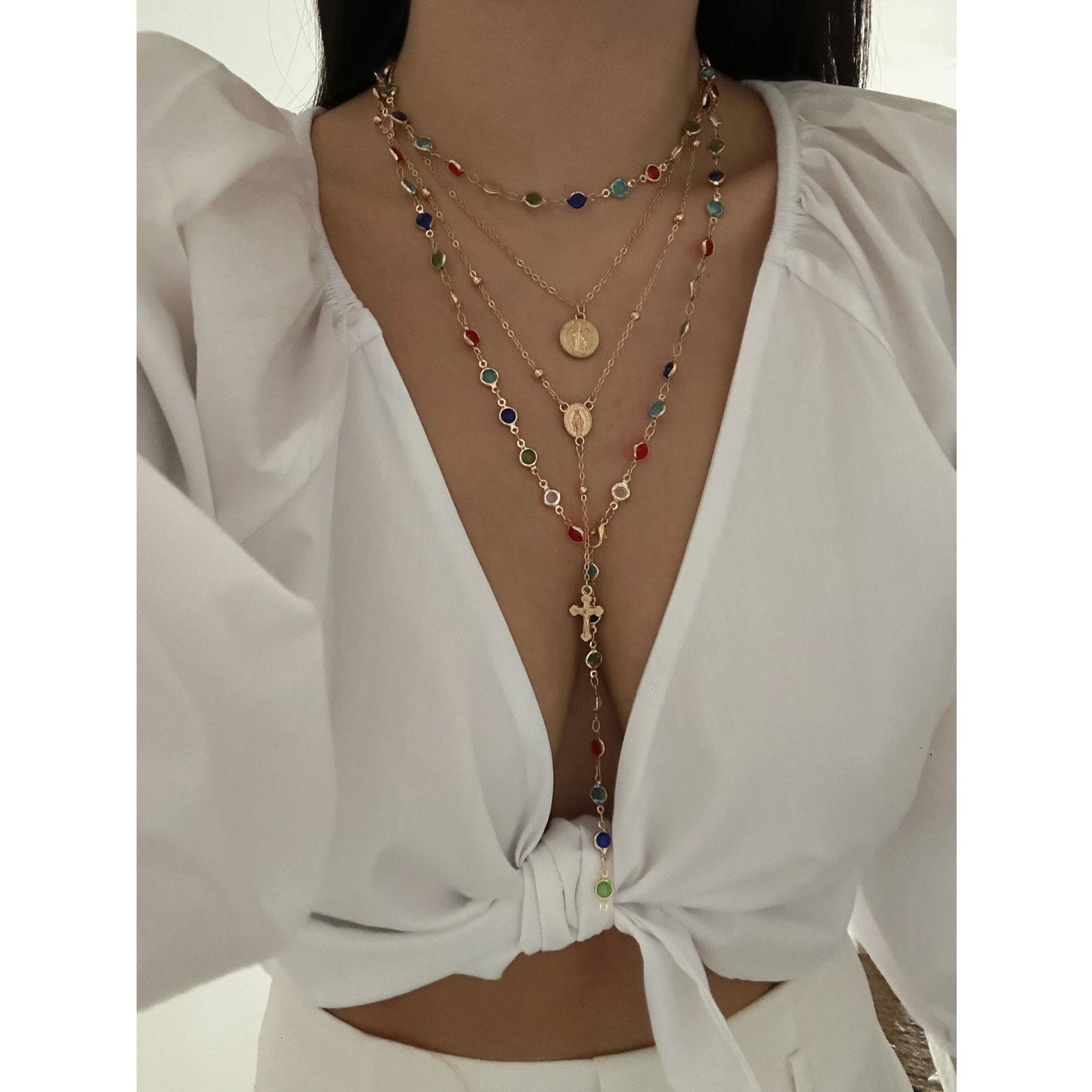Collar con colgante de aleación de cruz geométrica con incrustaciones de diamantes de imitación informal con cadena en capas para unisex