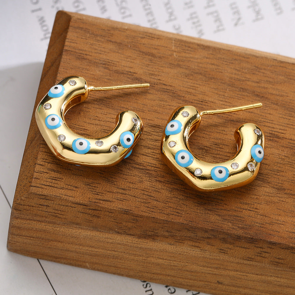 Irregular Geometric C-Shaped Earrings for Women with Micro-Pave Setting in Copper, Fashion-Forward Minimalist Design