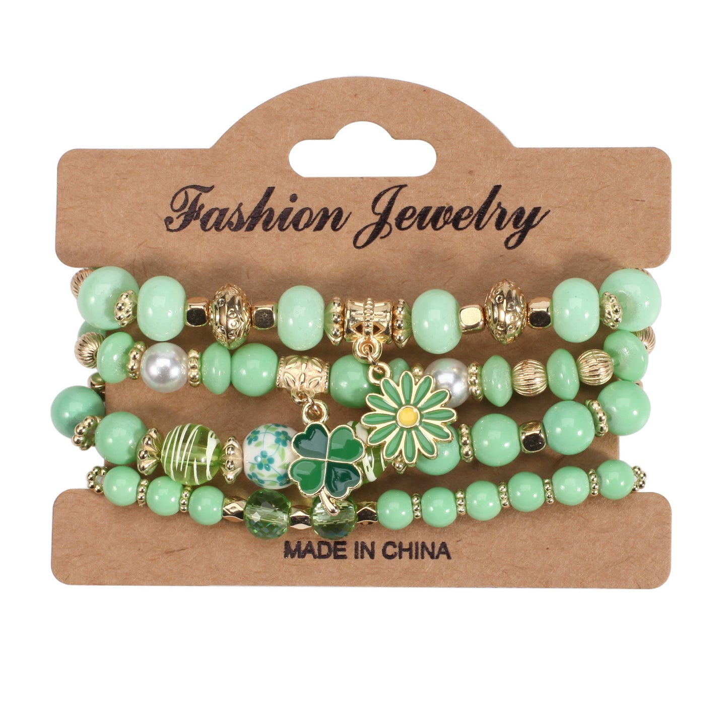 Unisex St. Patrick's Day Clover Leaf Crystal Stretch Bracelet