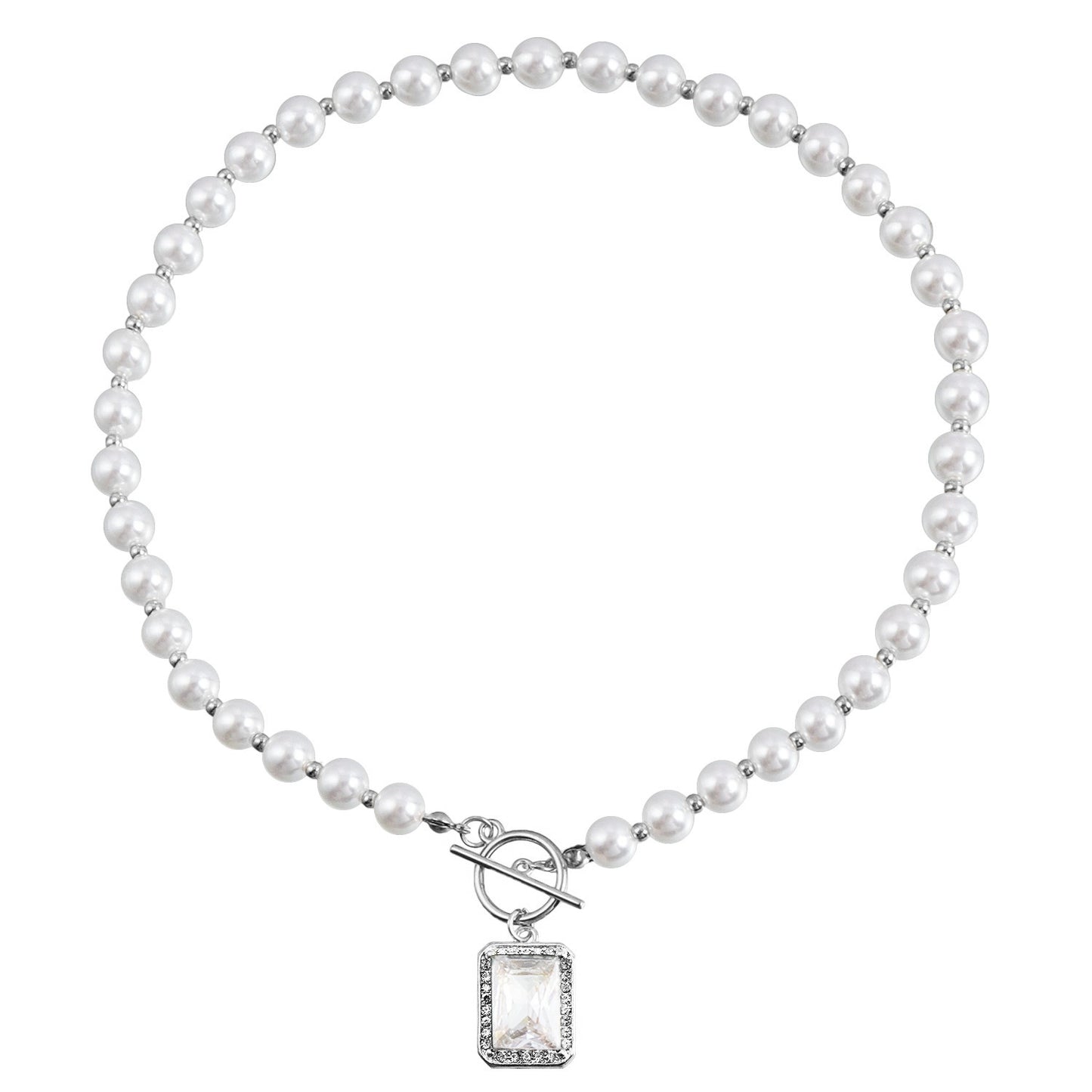 Fashion Minimalist Geometric Rectangle Pearl-Style Pendant Necklace with Rhinestone Accents on Clavicle Chain