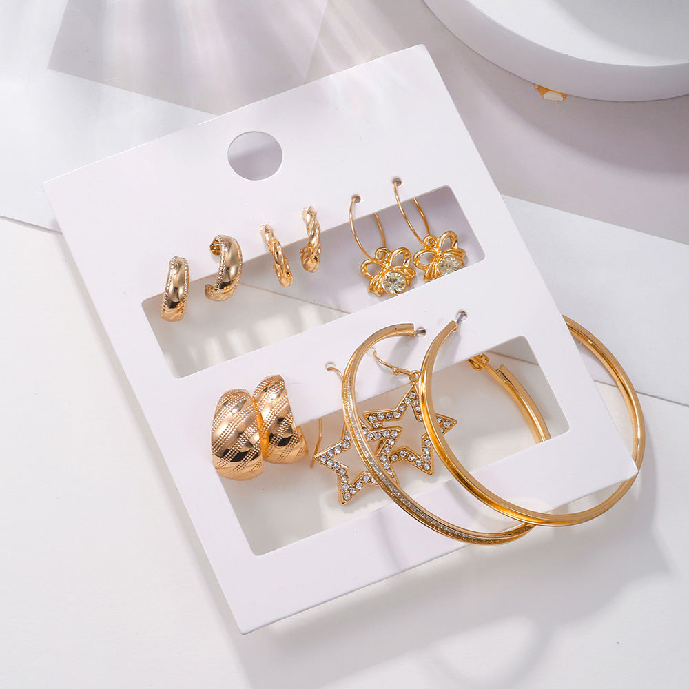 Minimalist Geometric Star Rhinestone Inlay Alloy Hoop Earrings Set