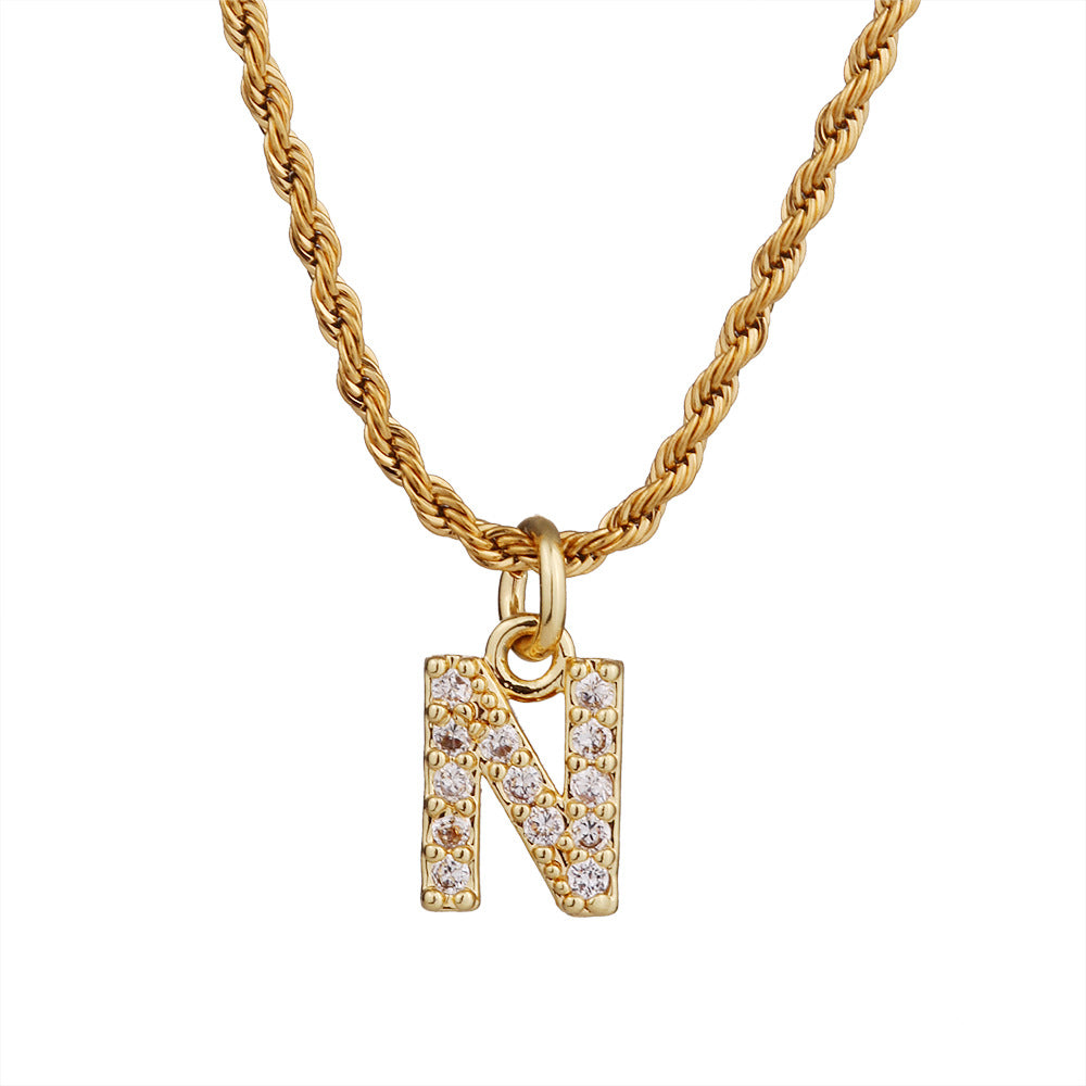 Collar con colgante de letra para mujer, minimalista, de moda, cadena trenzada de acero inoxidable con baño de oro e incrustaciones de circonita