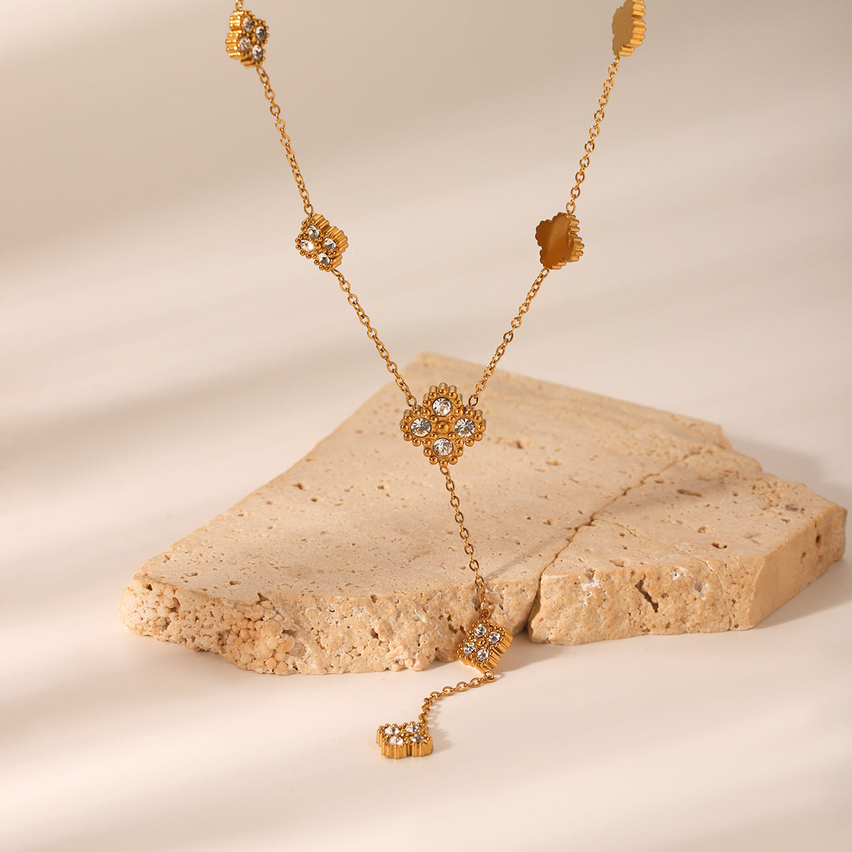 Minimalist 18K Gold Plated Stainless Steel Four-Leaf Clover Rhinestone Y-Necklace for Women