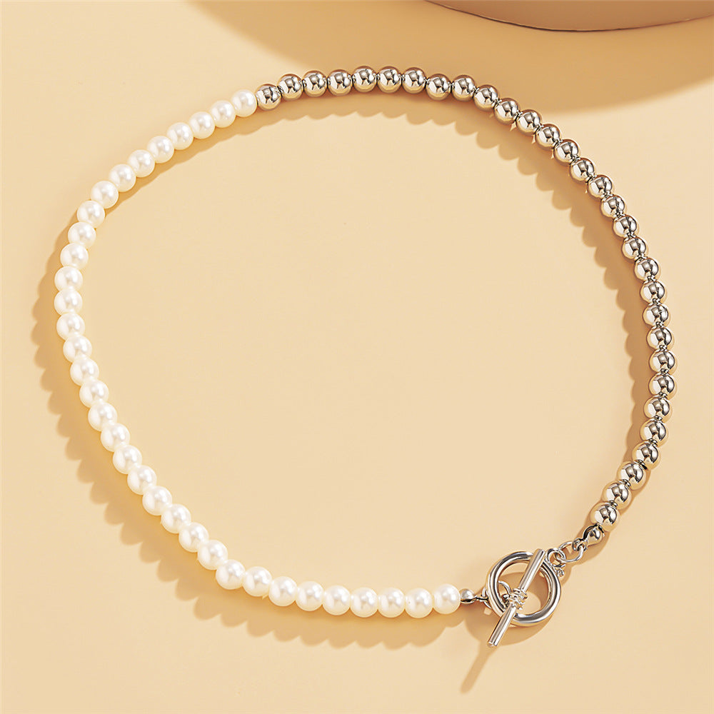 Collana Geometrica di Perle da Donna, Catena in Lega con Finitura Galvanica, Collana Minimalista per Clavicole
