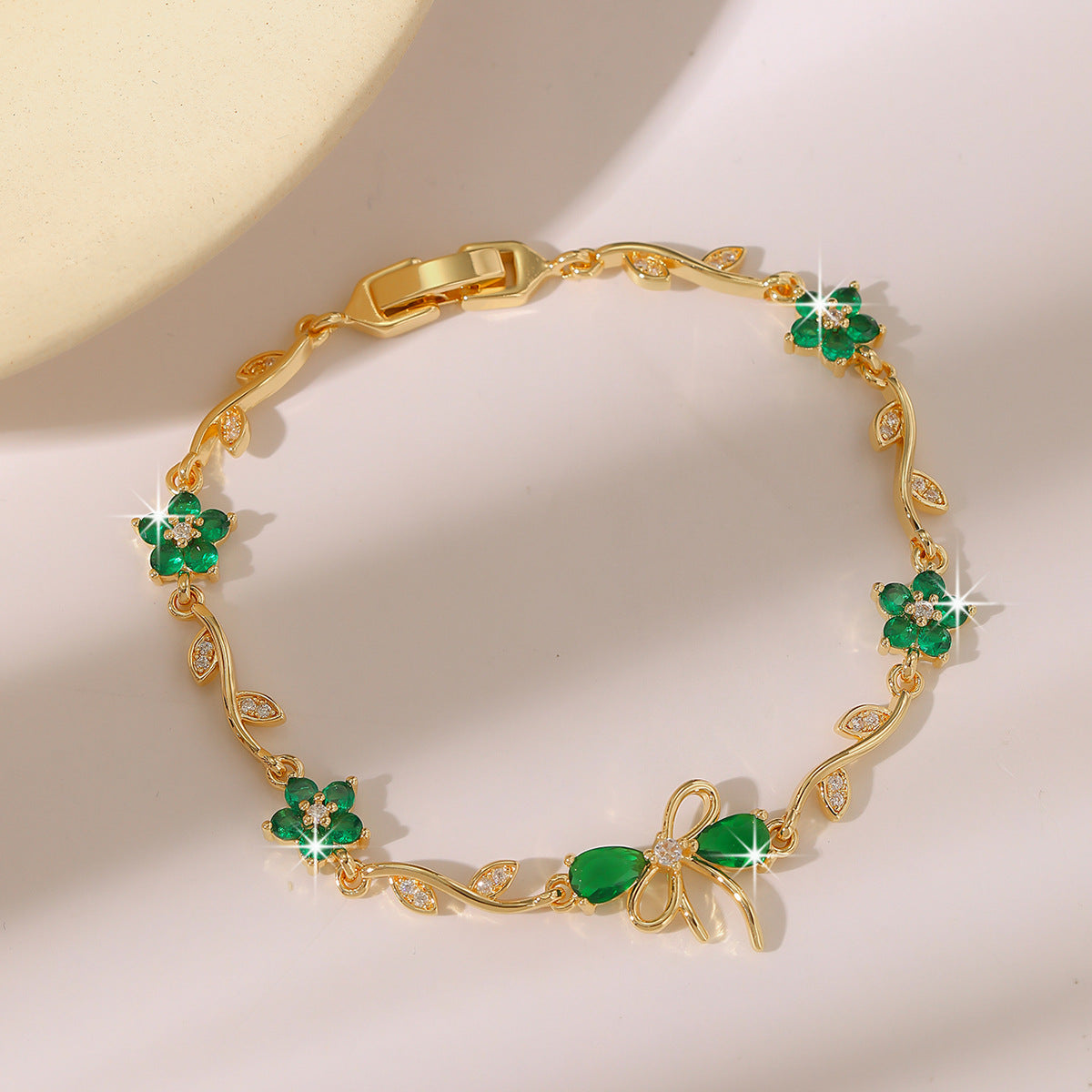 Luxury Gold Plated Brass Leaf Bracelet with Cubic Zirconia Inlay Unisex Floral Design