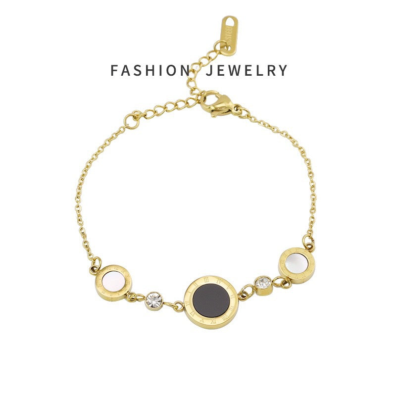 Minimalist Luxury Titanium Steel Roman Numeral Bracelet for Women with Rhinestone Inlay