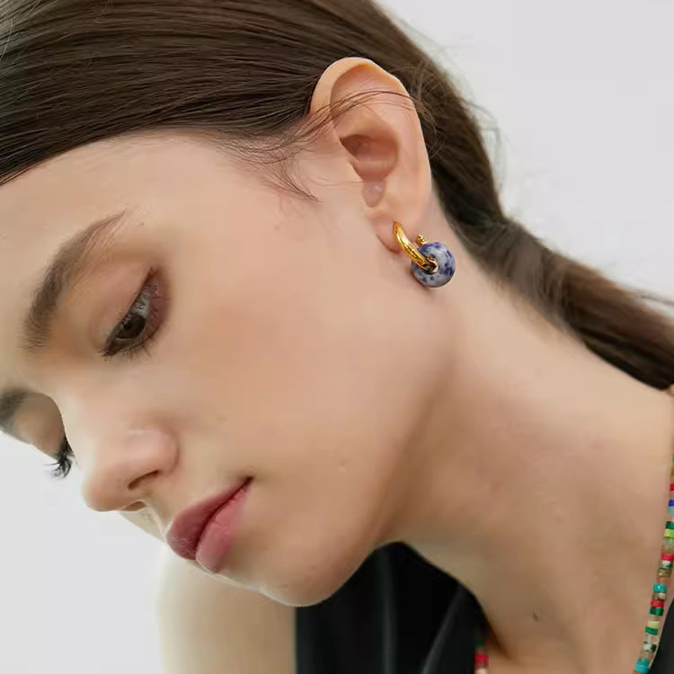 Pendientes minimalistas de acero inoxidable en forma de U con incrustaciones de ágata natural para hombre y mujer
