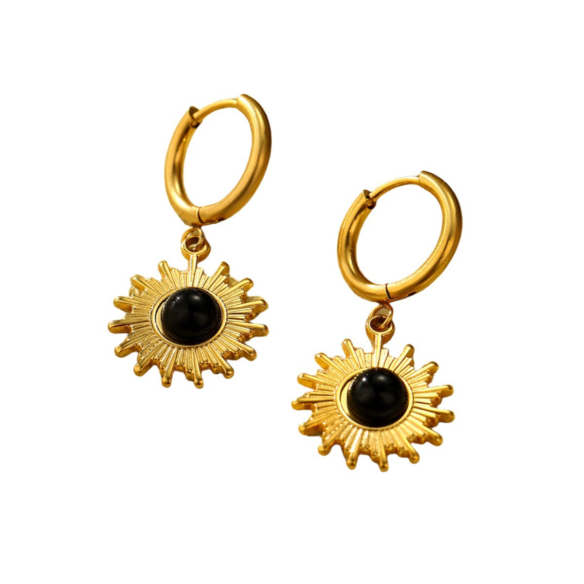 Pendientes de acero de titanio con forma de girasol vintage, incrustaciones de piedra natural y acabado chapado para mujer