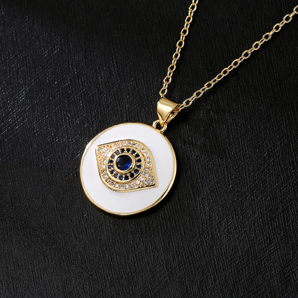 Collana Minimalista Geometrica in Rame Placcato Oro 18K con Ciondolo a Occhio di Allah in Smalto e Intarsio di Zirconi