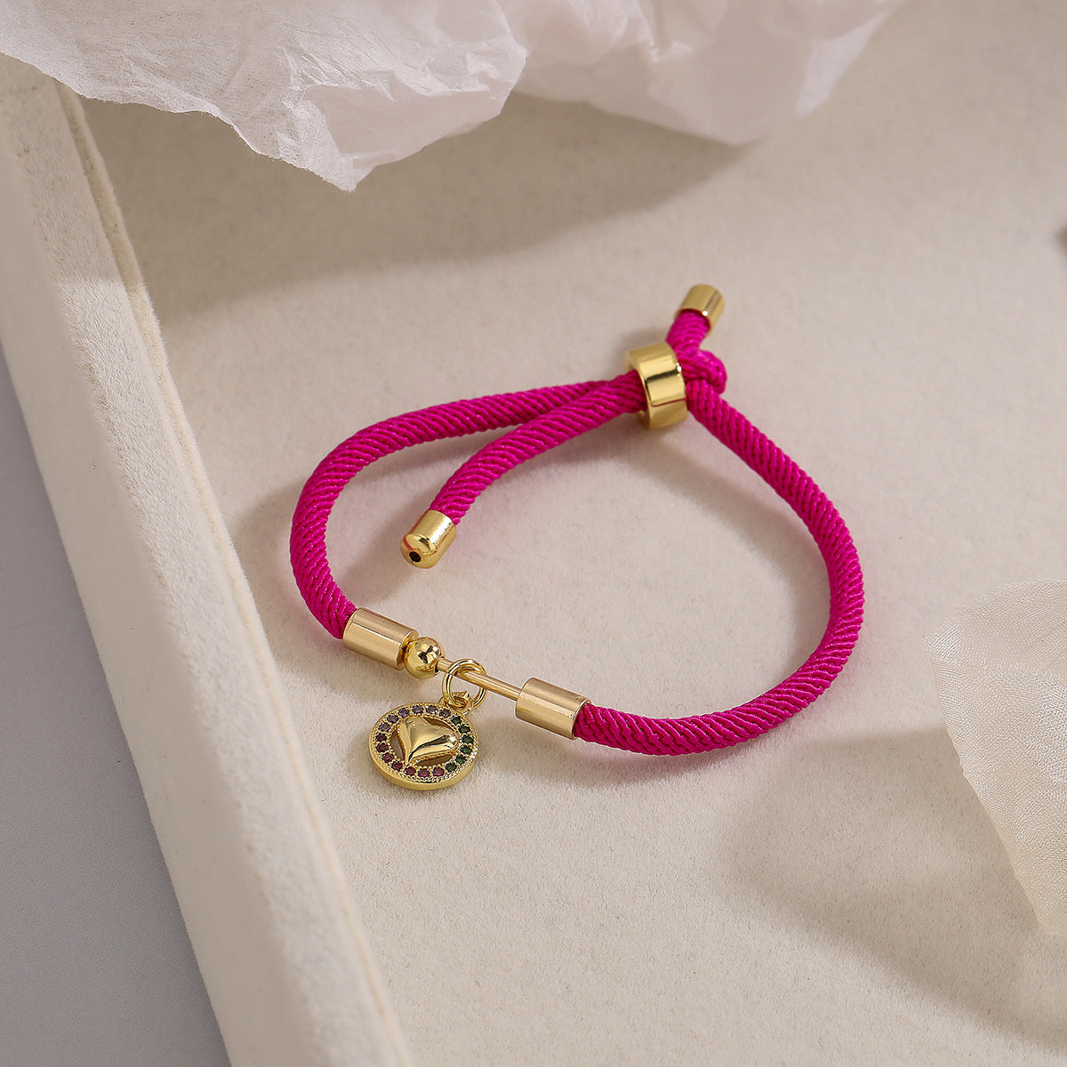 Geometric Pendant Adjustable Drawstring Bracelet for Women with Copper Base Plated in Real Gold and Micro-Paved Zirconia