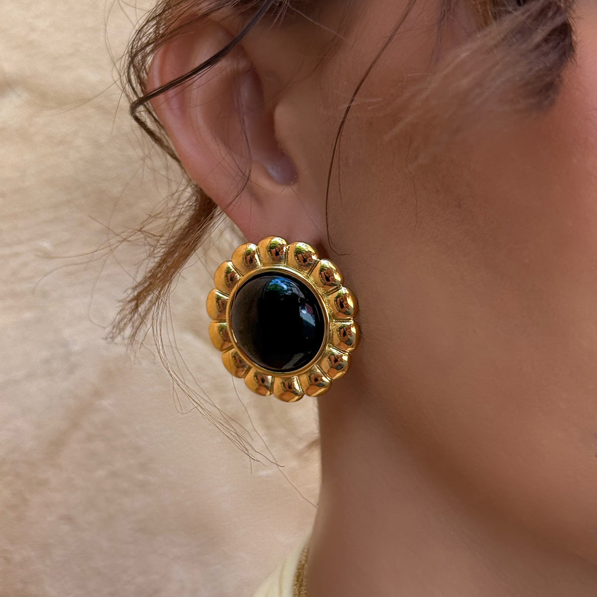 Vintage Luxury Geometric Round Agate Inlay Plated Stainless Steel Earrings for Women
