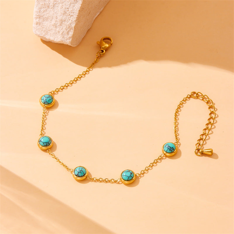 Vintage Blue Turquoise Pendant Necklace Set with Round Earrings and Bracelet Stainless Steel Plated Jewelry for Women