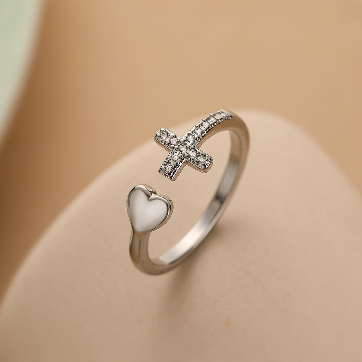 Minimalist Geometric Cross and Heart Shaped Copper Ring with Micro-Pavé Zirconia for Women