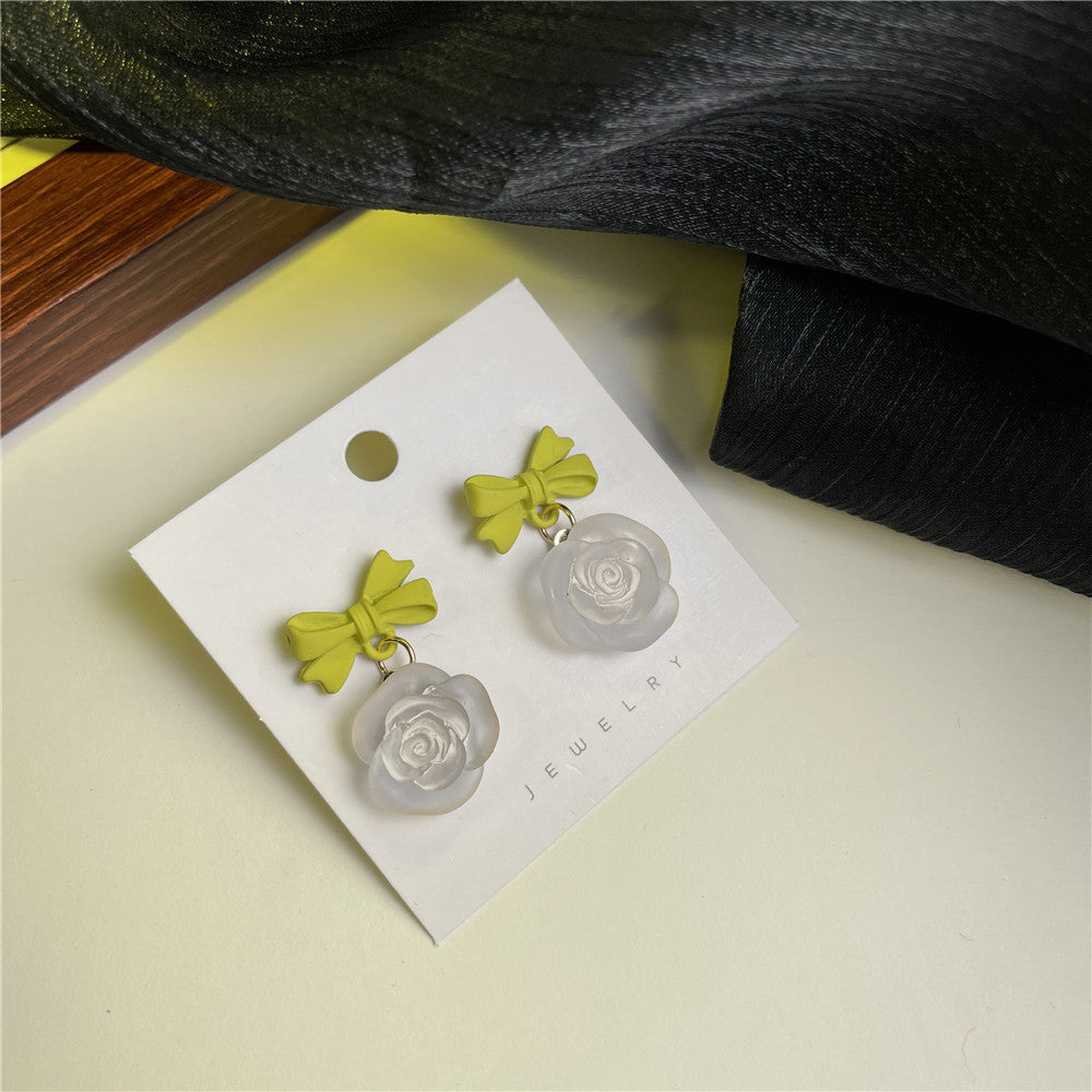 Vintage Sweet Light Green Floral Bow 925 Sterling Silver Post Alloy Plated Earrings