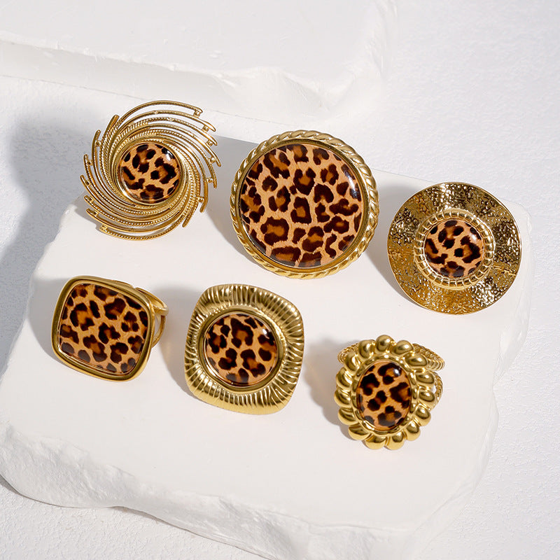 Luxury Leopard Print Geometric Plated Stainless Steel Open Ring for Women