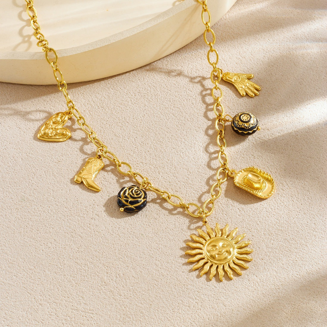 Vintage Gold Plated Stainless Steel and Acrylic Sun Face Pendant Necklace for Women
