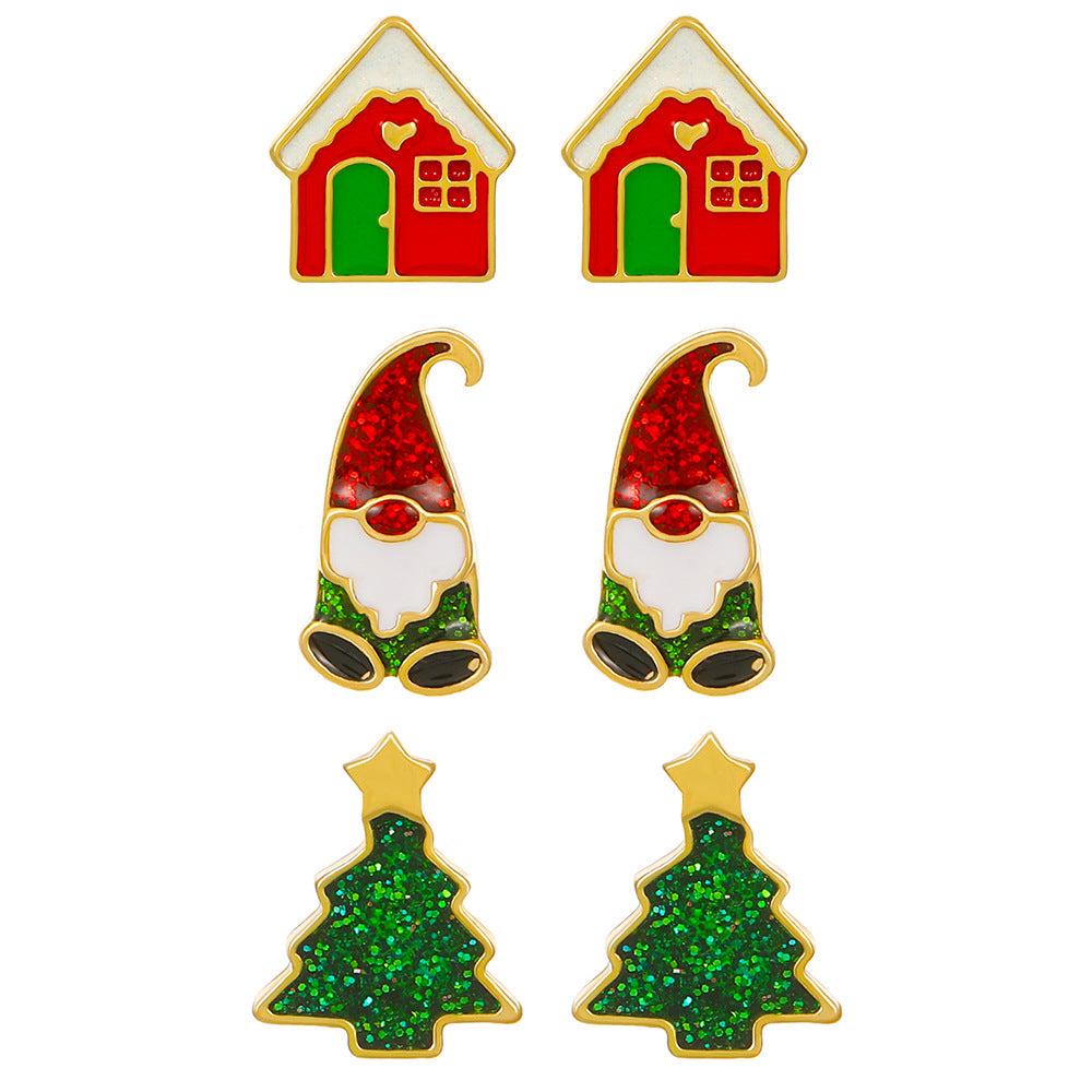Juego de pendientes navideños para mujer con dijes esmaltados de Papá Noel y árbol, aretes de aleación con postes de oro de 14 quilates