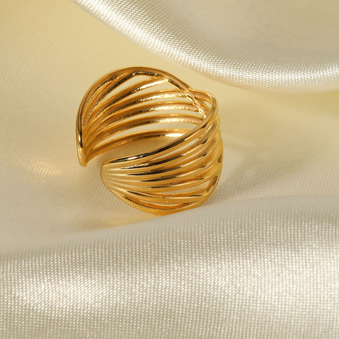 Adjustable Geometric Open Ring with Crossed Layer Design in Titanium Steel Plated with 18K Vacuum Electroplating for Women