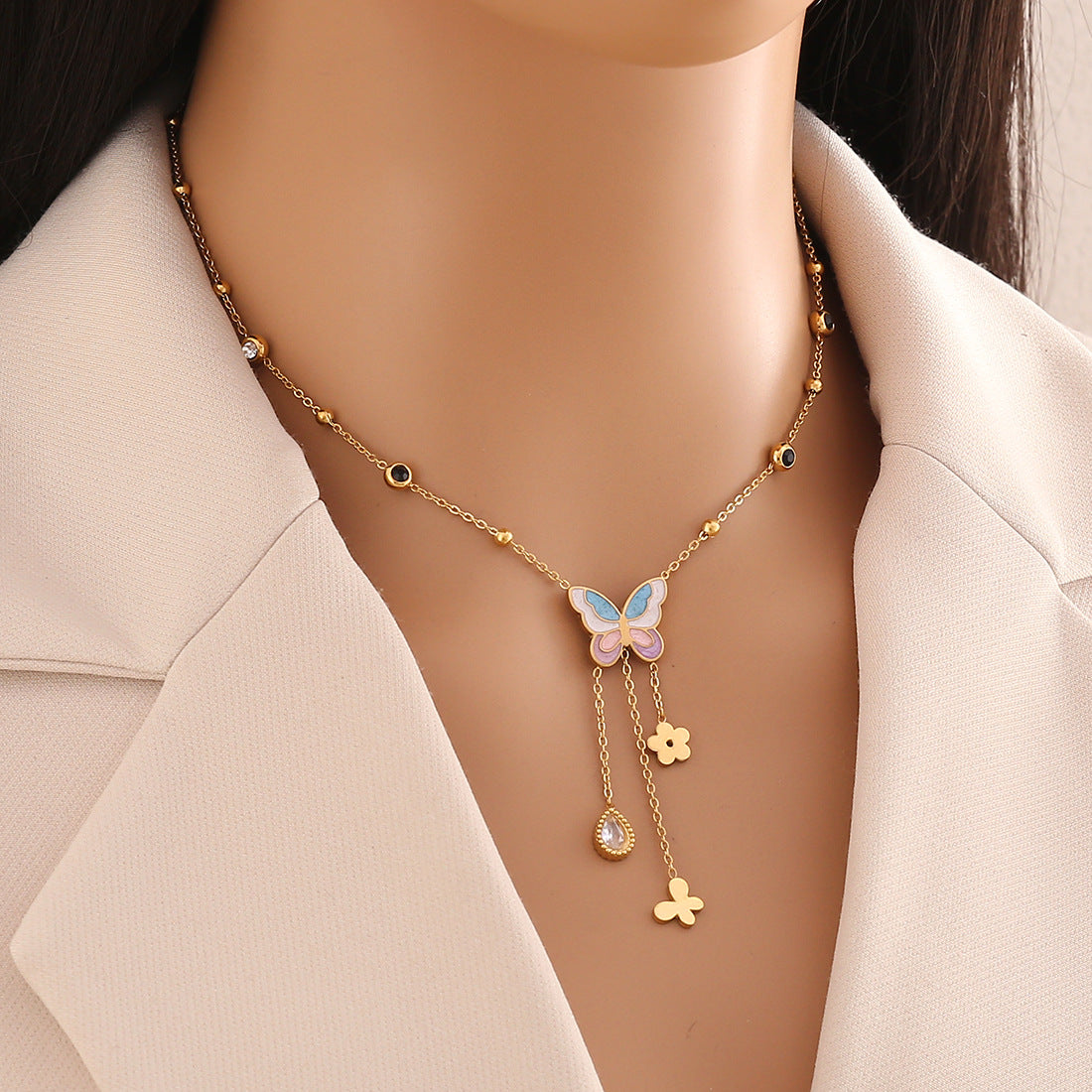 Collana Pendente Farfalla Stile Ins in Acciaio Inossidabile con Finitura Placcata, Collana con Ciondolo a Catena ad O da Donna