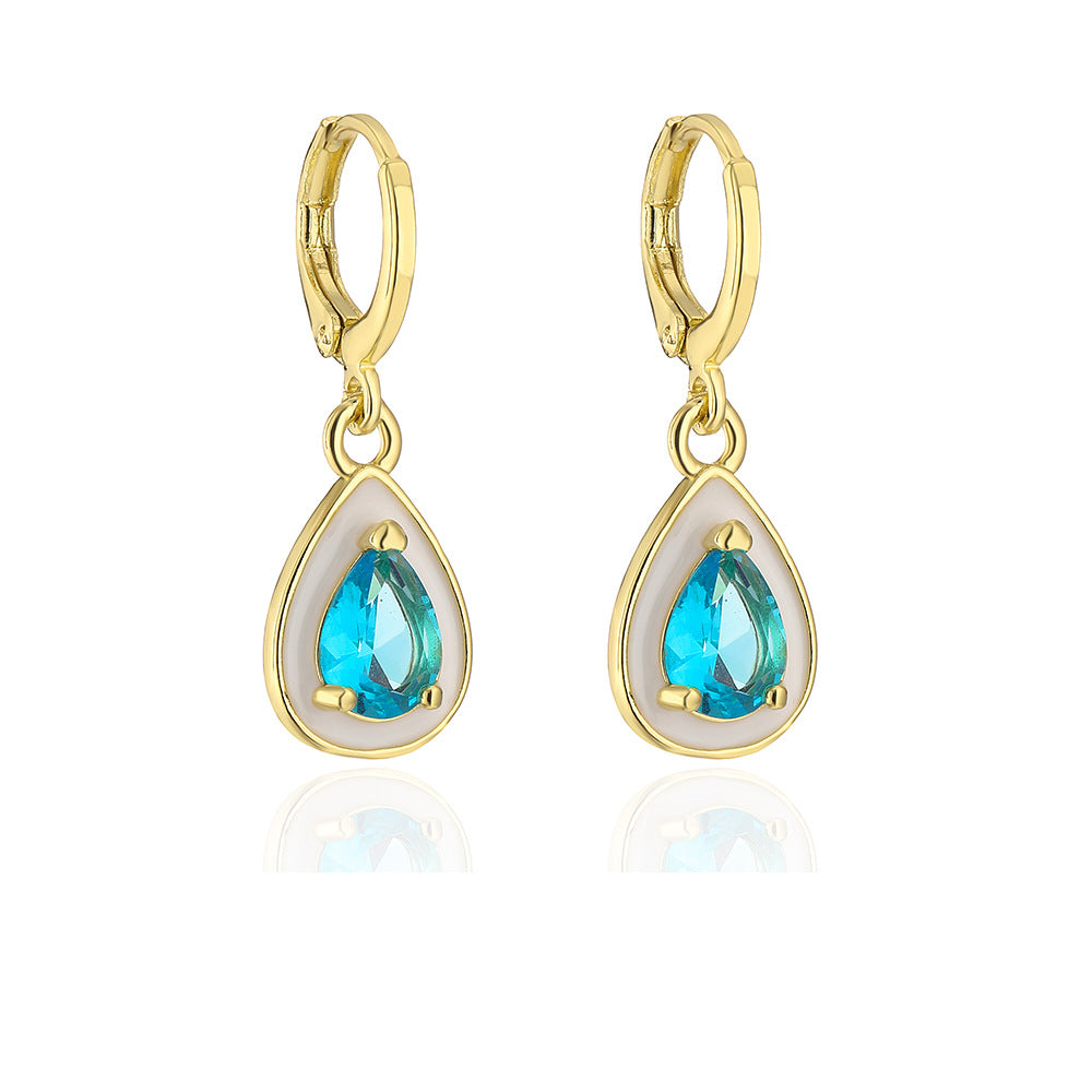 Bohemian Geometric Drip Enamel Zircon Drop Earrings for Women in Copper with Real Gold Plating