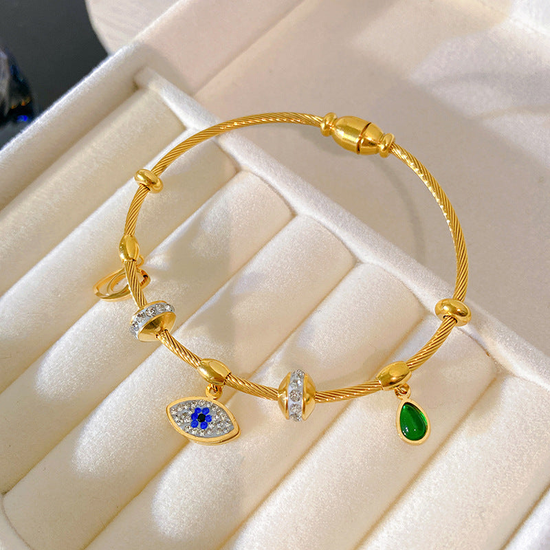 Luxury Geometric Evil Eye Cubic Zirconia Plated Titanium Steel Bracelet with Magnetic Clasp