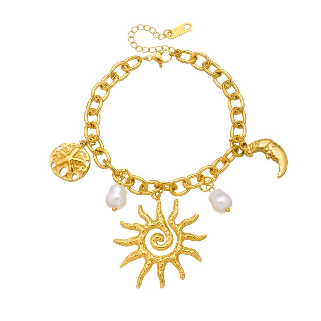 Vintage Gold Plated Irregular Round Star Moon Sun Pendant Stainless Steel Bracelet for Women