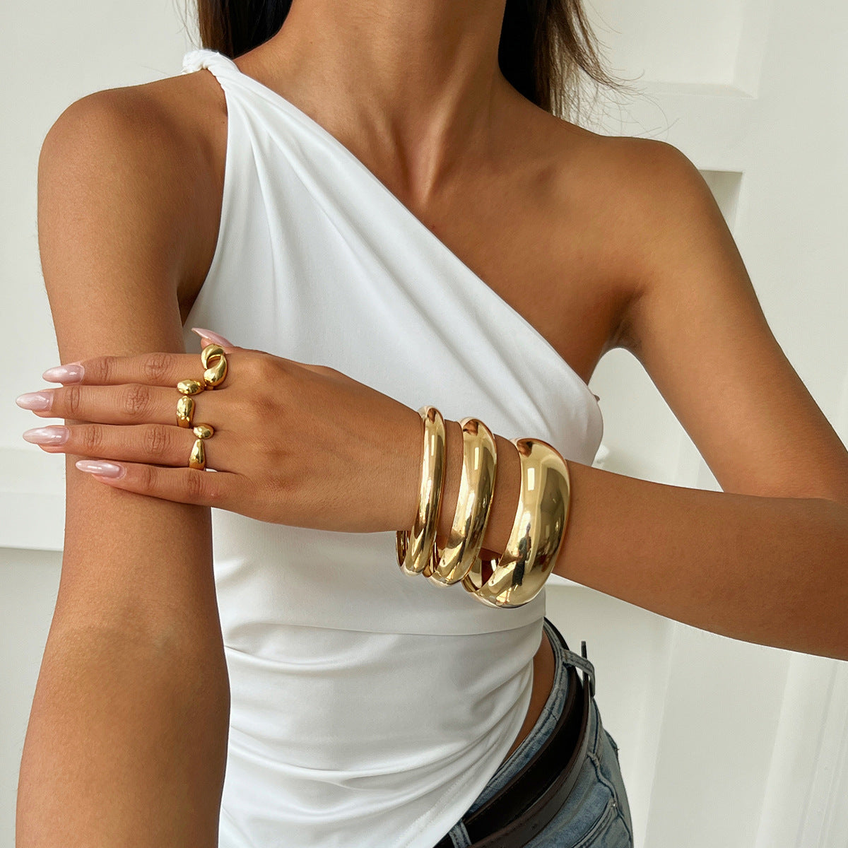 Minimalist Oval Teardrop Alloy Plated Bracelet and Ring Set for Women