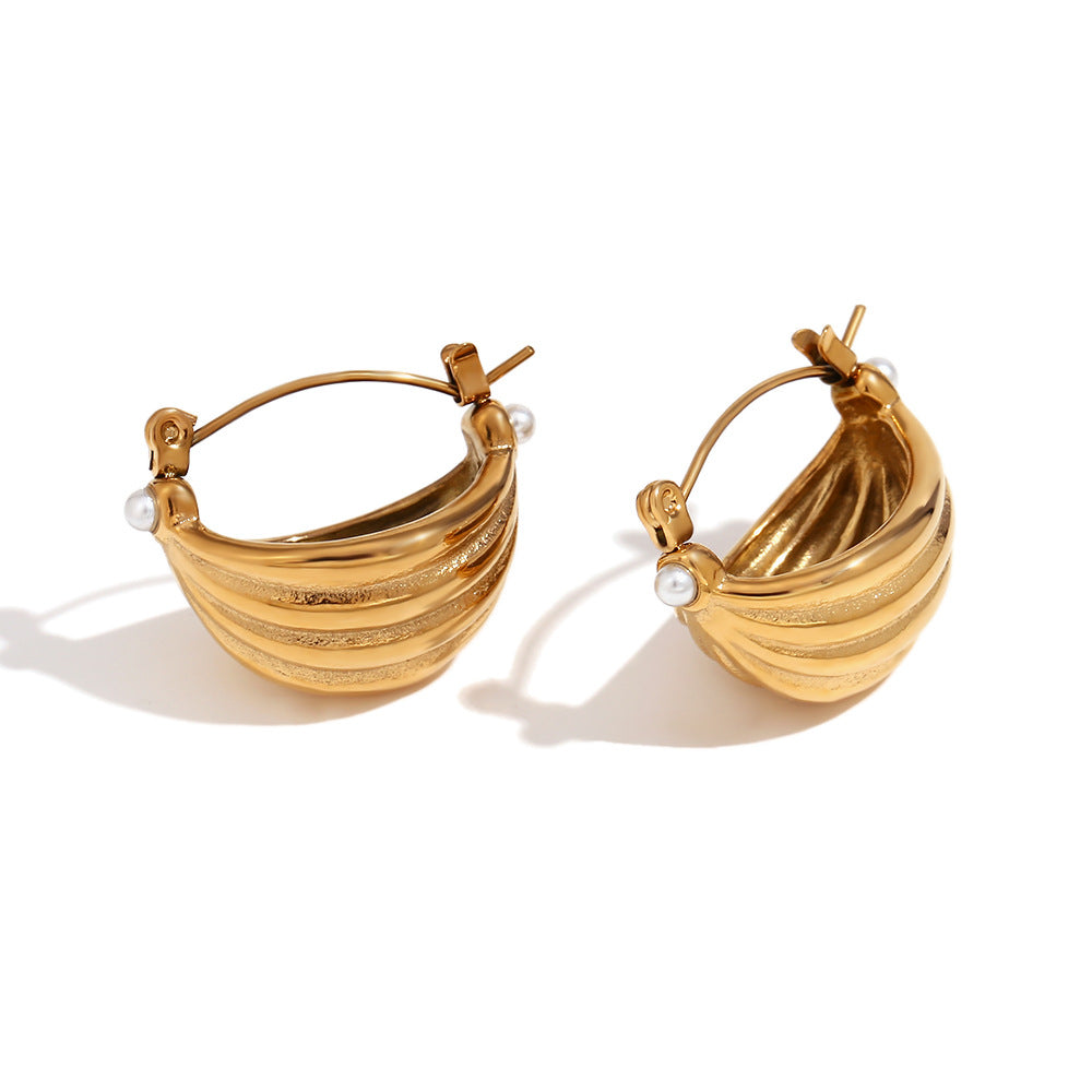 Fashionable Geometric Stainless Steel Earrings with 18K Gold Plating and Pearl Accents in Multi-Layer Boat Basket Design