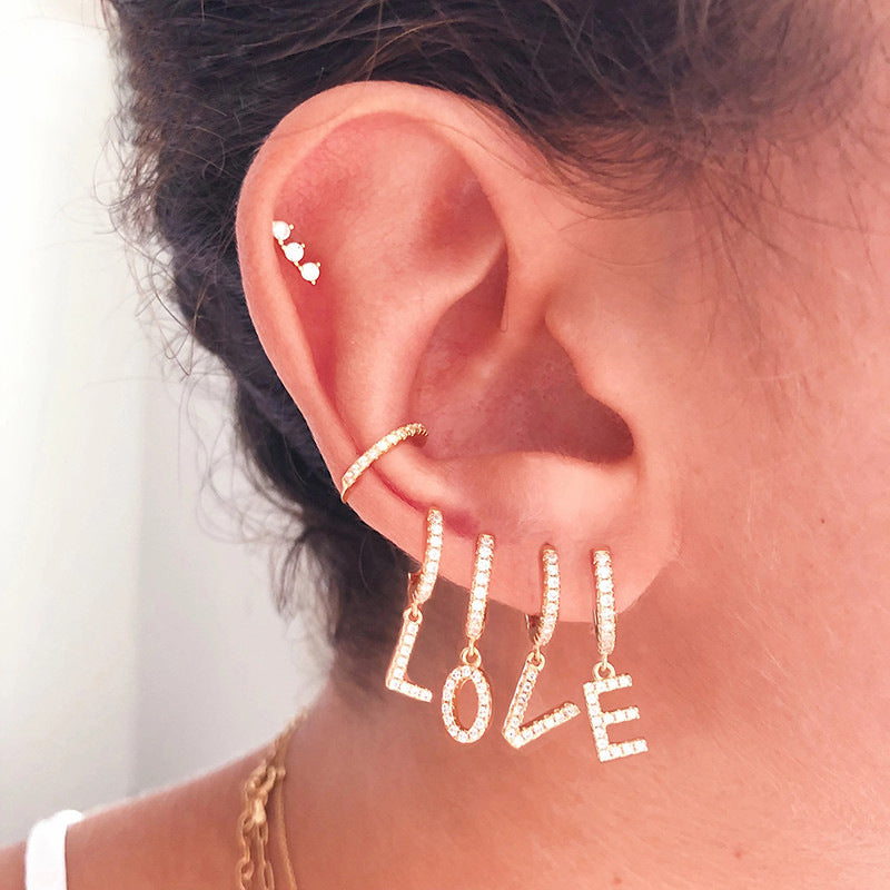 Elegant Gold Plated Letter Cubic Zirconia Inlay Brass Earrings