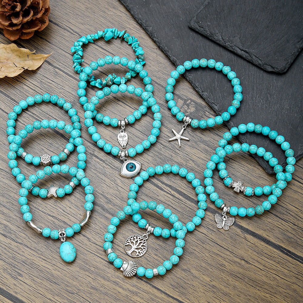 Bohemian Ethnic Geometric Round Alloy Turquoise Beaded Bracelet