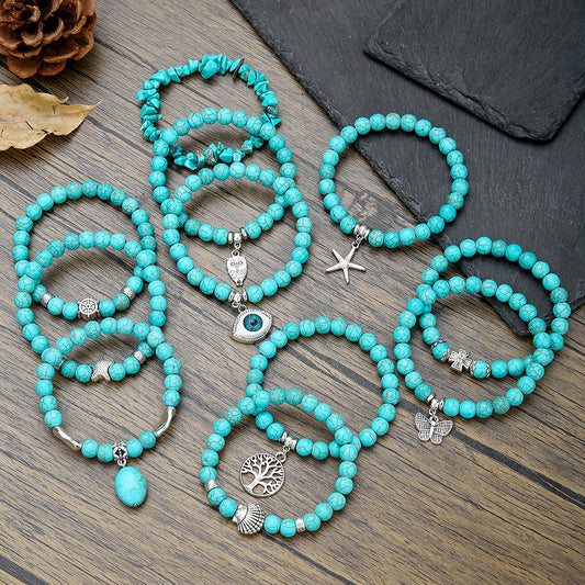 Bohemian Ethnic Geometric Round Alloy Turquoise Beaded Bracelet