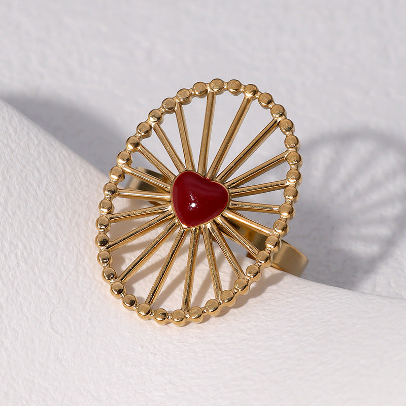Anello Minimalista Geometrico da Donna in Acciaio Inossidabile Smaltato con Fascia Aperta e Dettaglio a Cuore