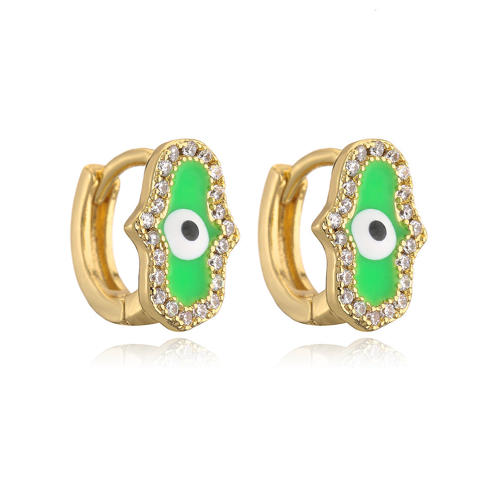 Minimalist Geometric Hand Eye Pendant Mini Earrings for Women with Copper Base Plated in 18K Gold and Enamel-Finished Zirconia Accents
