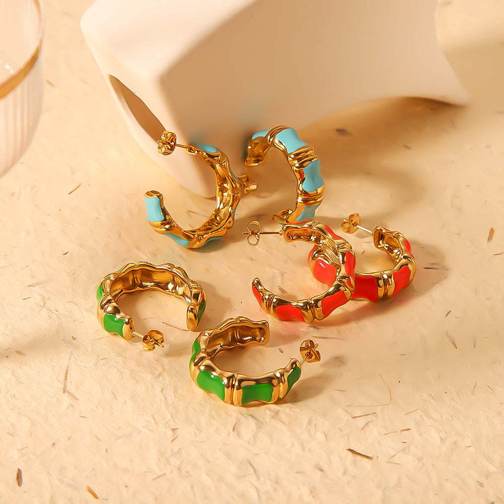 Minimalist Stainless Steel Bamboo Joint C-Shaped Earrings with Enamel Coloring and Gold Plating for Women
