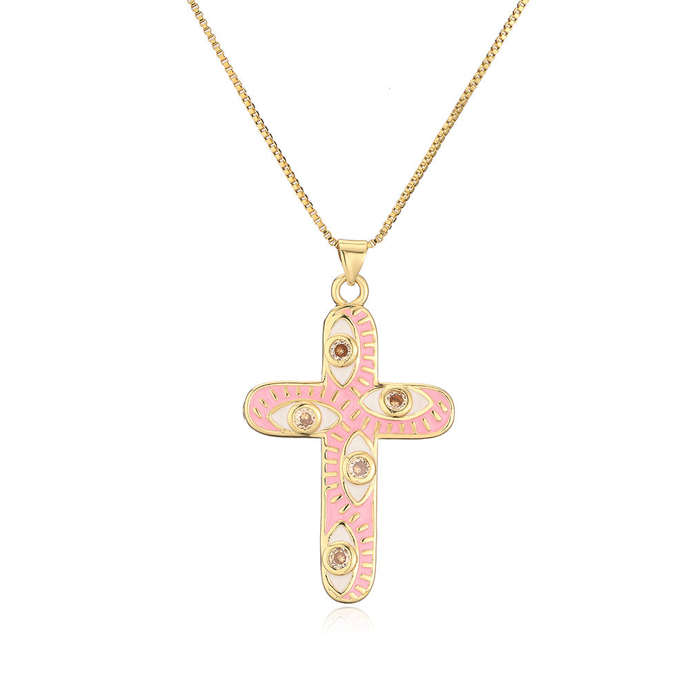 Geometric Pendant Necklace for Women with Copper Base Plated in 18K Gold and Enamel-Finished Zirconia Eye Detail